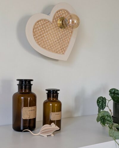 Luminaire coeur cannage bois rotin artisanal
