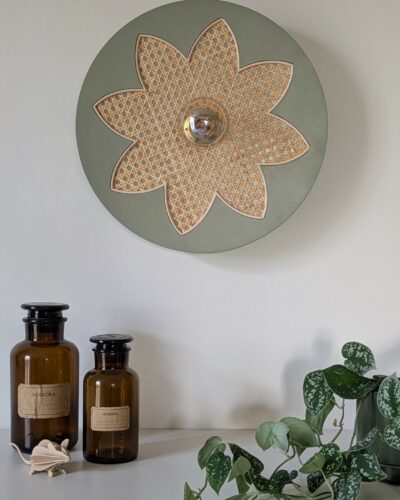 Luminaire fleur cannage bois rotin artisanal