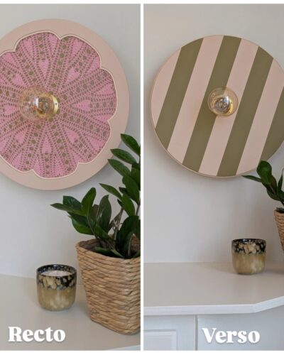 luminaire artisanal, bois rotin et napperon. Modèle unique 2 en 1. rayures