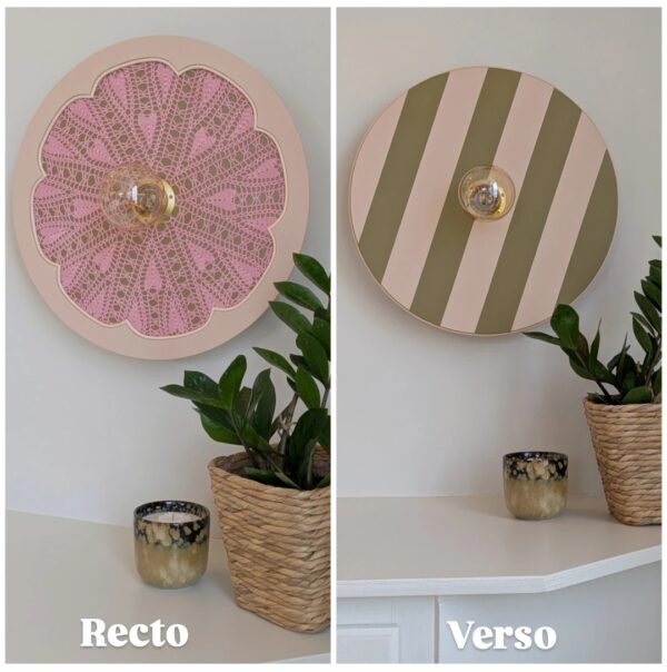 luminaire artisanal, bois rotin et napperon. Modèle unique 2 en 1. rayures