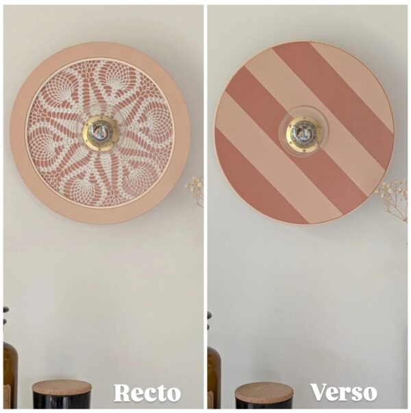 Luminaire unique artisanal. En bois napperon et rotin. 2 en 1