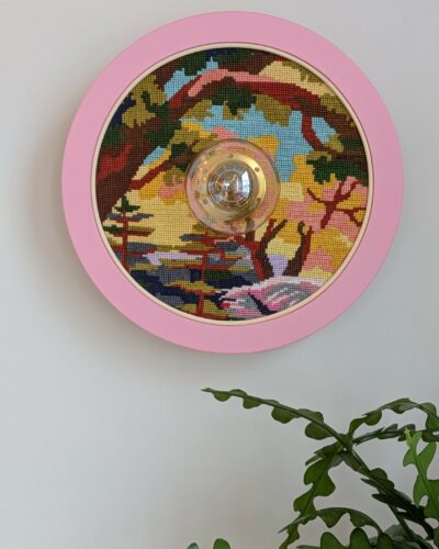 luminaire artisanal, bois, canevas et rotin. Modèle unique