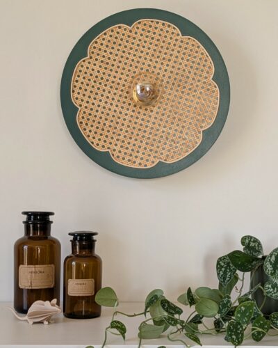 Luminaire fleur cannage bois rotin artisanal