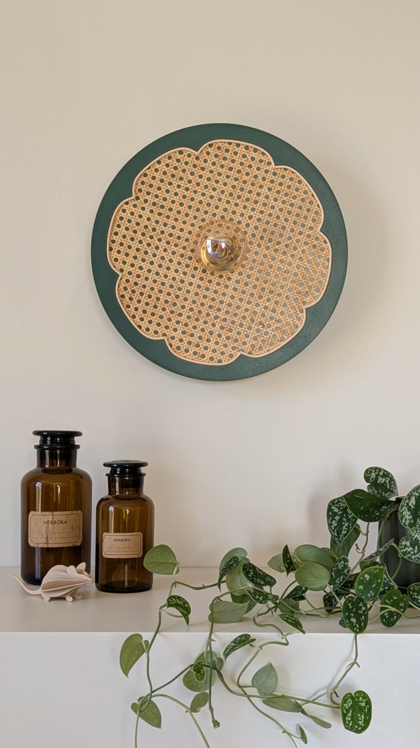 Luminaire fleur cannage bois rotin artisanal