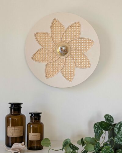 Luminaire fleur cannage bois rotin artisanal