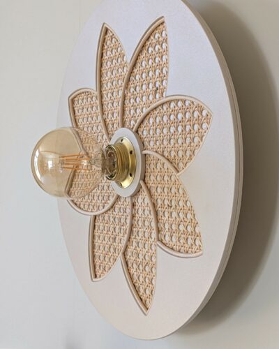 Luminaire fleur cannage bois rotin artisanal