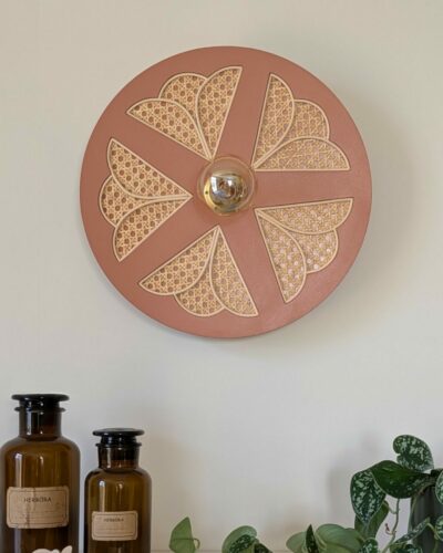 Luminaire fleur cannage bois rotin artisanal