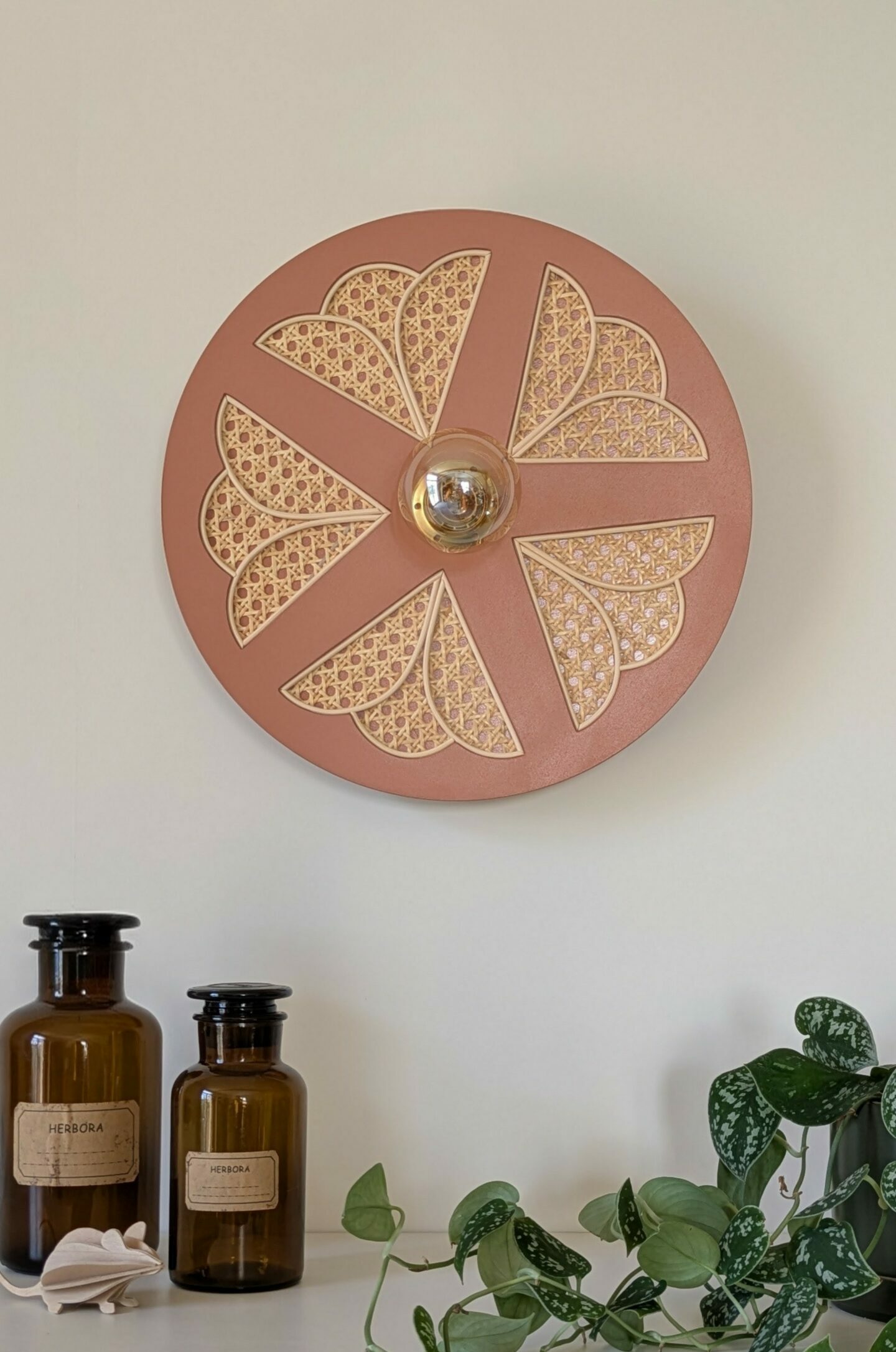 Luminaire fleur cannage bois rotin artisanal