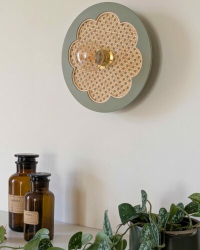 Luminaire fleur cannage bois rotin artisanal