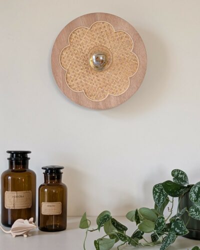 Luminaire fleur cannage bois rotin artisanal