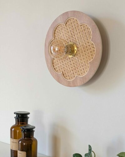 Luminaire fleur cannage bois rotin artisanal
