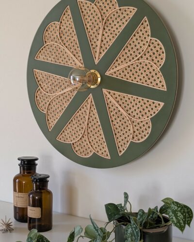 Luminaire fleur cannage bois rotin artisanal