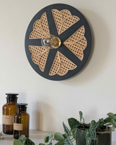 Luminaire fleur cannage bois rotin artisanal