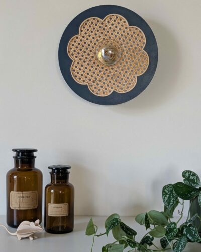 Luminaire fleur cannage bois rotin artisanal