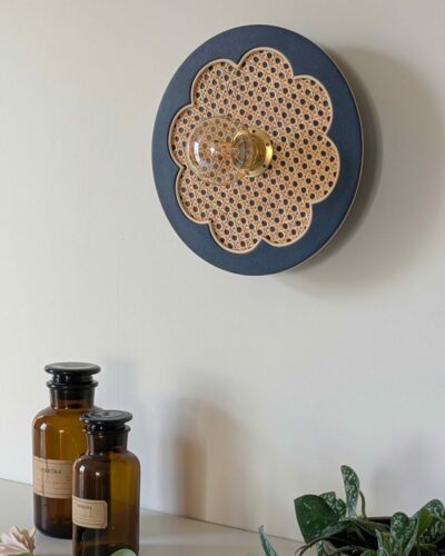 Luminaire fleur cannage bois rotin artisanal