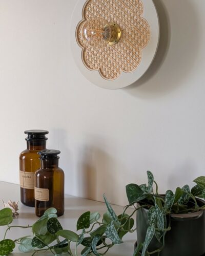 Luminaire fleur cannage bois rotin artisanal