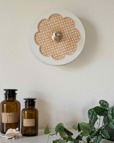 Luminaire fleur cannage bois rotin artisanal