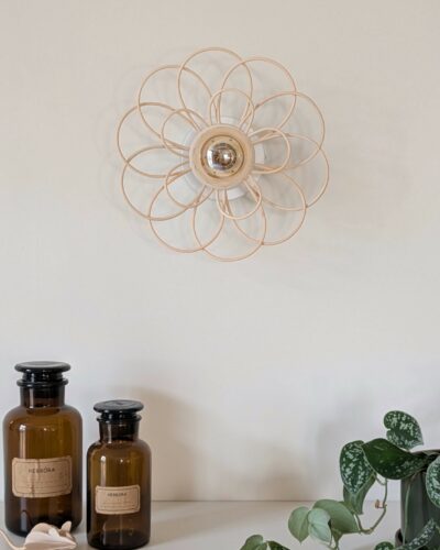 Luminaire fleur bois rotin artisanal