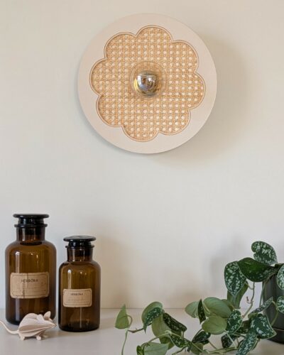 Luminaire fleur cannage bois rotin artisanal