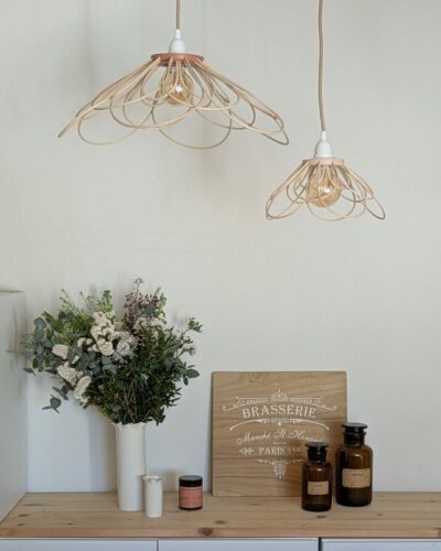 suspension double luminaire fleur rotin artisanal